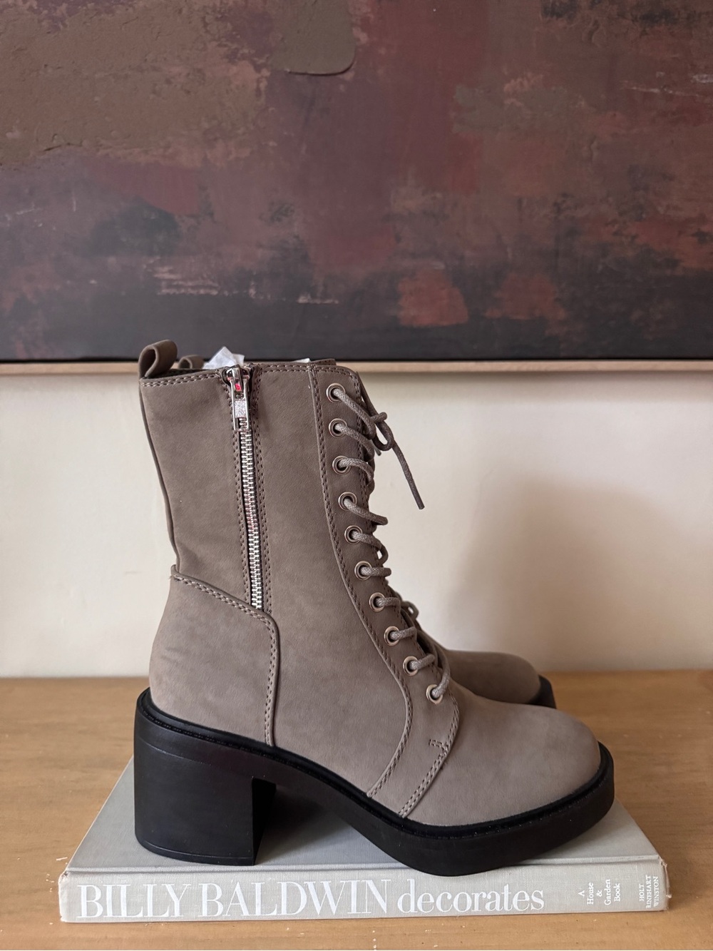NWOT Lace-Up Block Heel Boots in Taupe - Size 7